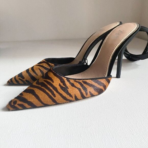 Zara Tiger Stripe Print Ankle Strap Pointy Toe Heels 37 - Picture 8 of 12